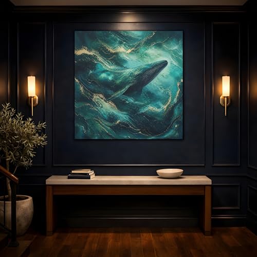 Toile baleine bleu canard et or 75x75 cm art abstrait carré