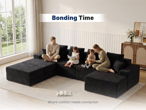 Image of Living&Giving 128 inch U-Shaped Cloud Sectional Couch for Living Room, Cloud Boneless Couch-No Assembly with Reversible Chaise, Customizable 4-Seat Modular Sectional Sofa with 3 Ottoman, Black