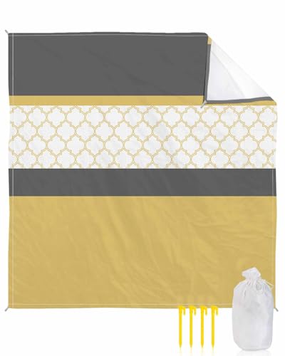 Yellow Morocco Beach Blanket Large with Stakes Waterproof Sandproof, Geometric Grey Stripes Modern Foldable Beach Mat with Corner Pockets for Outdoor Travel Camping Hiking Picnic Essentials 83