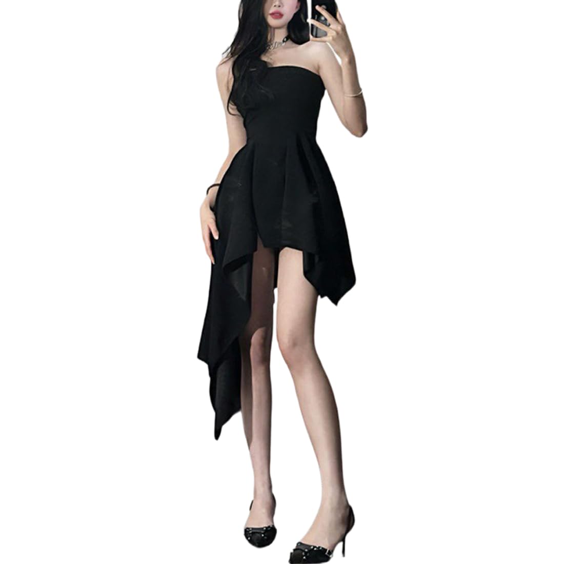 Gkaopi Women's Black Strapless Mini Dress Sexy Bodycon Off Shoulder Dress Sleeveless Backless Slim Fit A-Line Dress Asymmetrical Hemming Tube Dress(Xl)