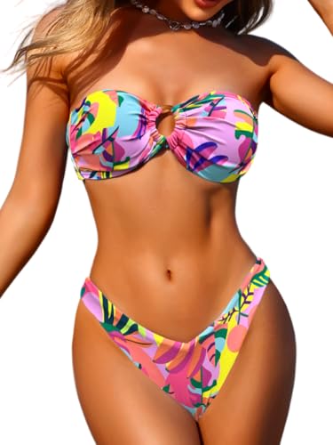 Women's Bandeau Tie-Back Bikini Sets, Cheeky Thong Swimsuits, Cute Floral Bathing Suit