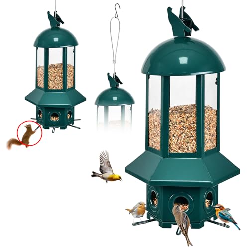 Professional Squirrel Proof Bird Feeders - Sorflife Large Capacity 5.06 lbs, Reliable and Rust Resistant Metal Bird Feeding Station for Prevents Squirrels from Stealing Food and Easy Refilling Green