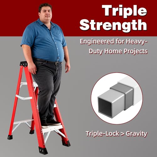 Image of Fiberglass Ladder, Single-Sided Stepladder for Electrical Engineering Ladder Construction with a Load Capacity of 330 pounds (4 Steps-Red)