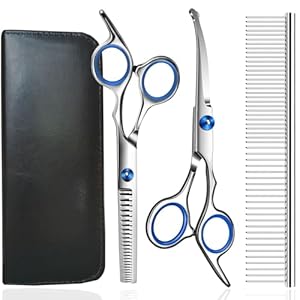 Dog Grooming Scissors, Jiasoval 4-in-1 Dog Grooming Kit with Safety Round Tip, Professional Grooming Shears Set Hair Cutting Trimming Scissors with Steel Comb & Leather Pouch for Dogs Cats Pets