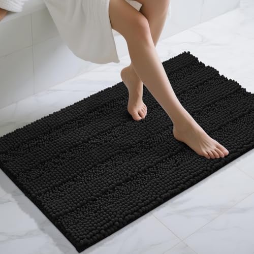 Yimobra Bathroom Rug Mat 44 x 24, Non Slip and Super Absorbent Bath Mat,Machine Washable Quick Dry,Ultra Plush Chenille Shower Rugs for Bathroom Floor Sink Tub and Shower Outside,Black