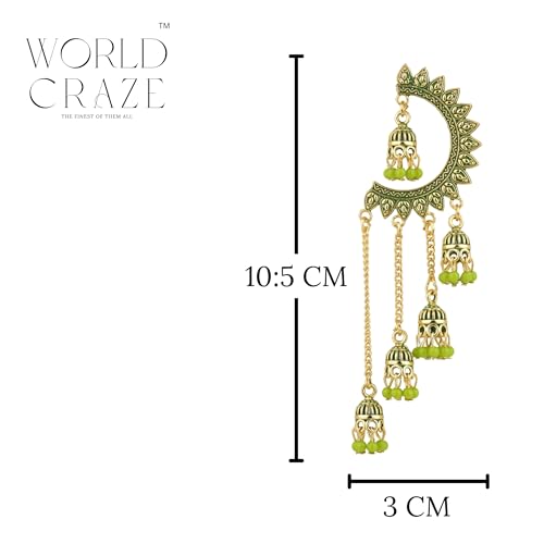 Image of WORLD CRAZE Multicolour long kashmiri jhumka for women chandbali earrings chand baliyan | kashmiri earrings for women | bahubali earrings stylish | Traditional Indian Festive Jewelry | Long Chain Tassels | Pearl Drop Latkan Jewellery (Multi colour)