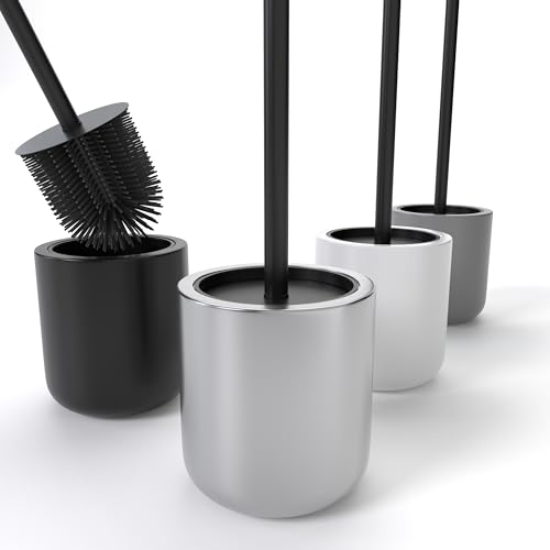SAVEGA - Klobürste Edelstahl Silikon - Toilettenbürste mit Halter im Set - WC Bürste mit antibakteriellem Kopf - WC Garnitur - Eleganter Klobürstenhalter - Toilet Brush - Silber