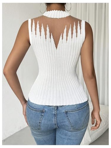 Image of Floerns Women's Mock Neck Sleeveless Sweater Vest Contrast Mesh Ribbed Knit Pullovers White Large