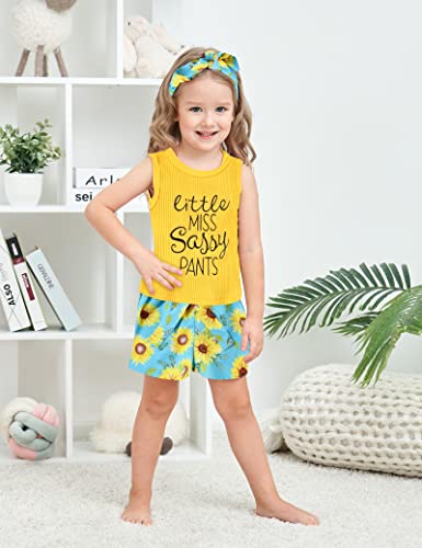 Image of Hipea Toddler Baby Girl Outfits Flower Tops Sleeveless Vest Shorts Headband Summer Clothes Set