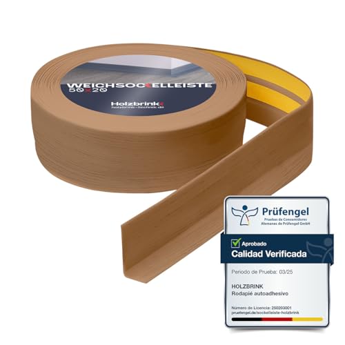 HOLZBRINK Rodapie PVC adhesivo 50x20mm, 5 m | Rodapie flexible para encimera cocina, esquineras pared de baño | Cantoneras adhesivas | Color: roble claro