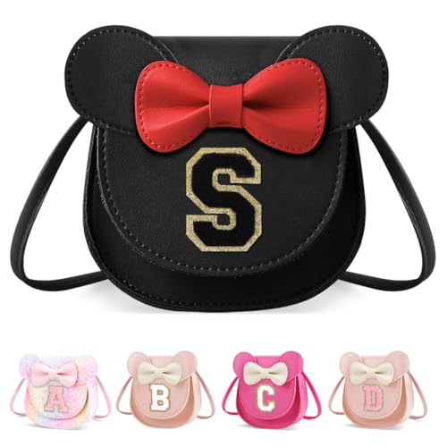 XSUIOY Toddler Purse Girl Wallet for Kids 2-9 Year Old Birthday Gifts,Cute Mouse Ear Bow Crossbody Shoulder Purses,Personalized Initial Purse Toddler Wallet Gifts for Little Girl(black_S)