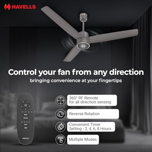 Image of Havells EPIC SIGNIA BLDC Ceiling Fan 1200mm, 5 star, LED Speed Indicator, 380 RPM, Up to 65% Savings,Reverse Rotation,4 Speed Modes,Low Wattage 30W, Low Noise,Air Flow:225 CMM, Stone Grey