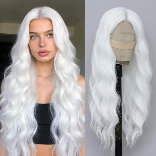 Beelu White Wigs for Women 26 Inch Long Wavy Wig Middle Part Lace Hairline Synthetic Heat Resistant Wig for Daily Party Cosplay Use