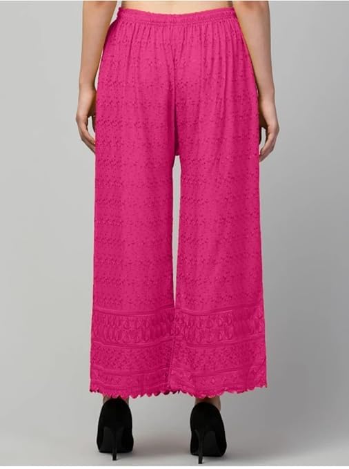 Image of Women's Palazzo Pants Rayon Trousers Chikankari Embroidered Lace Trim Wide Leg Straight Fit Flared Palazzo for Girls & Women