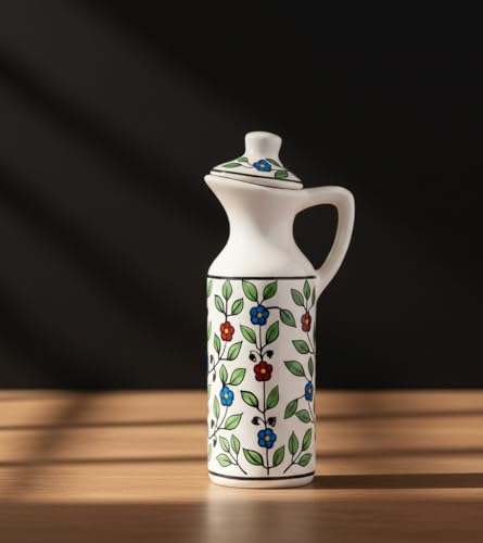 Image of Multi-Floral Printed Oil Dispenser Bottle for Kitchen | 300ml Ceramic Oil Container with Lid & Pour Spout | Leakproof Dispenser for Cooking, Vinegar & Olive Oil