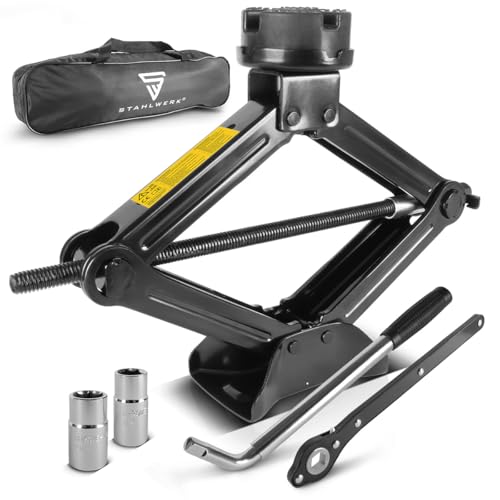 STAHLWERK Wagenheber – Scherenwagenheber mit Ratsche, 2 Tonnen Hubkraft, Teleskop-Radmutterschlüssel inklusive Stecknüssen, Transporttasche, kompaktes Wagenheber-Set für Reifenwechsel & Werkstatt