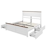 AMERLIFE Queen Bed Frame with Headboard, Platform Bed with 4 Storage Drawers, Wood Bed Frame for Bedroom, Wood Slats Support, White