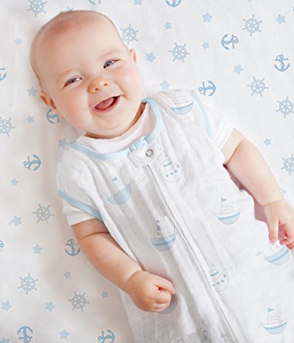Image of SwaddleDesigns Softest Cotton Muslin Fitted Crib Sheet /Toddler Sheet for Baby Boy & Girl, Pastel Blue Ahoy!
