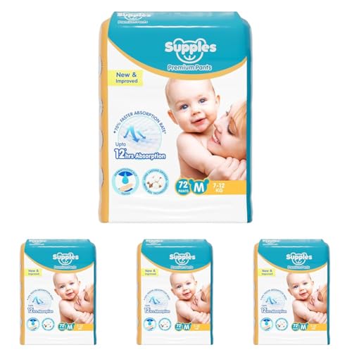 Image of Amazon Brand - Supples Premium Baby Diaper Pants | 72 Baby Diapers | Medium | 7-12 Kg | 12 Hrs Absorption | Cushiony Cotton Soft Fabric | Phthalates-Free | Triple Leak Guard (Pack of 4)