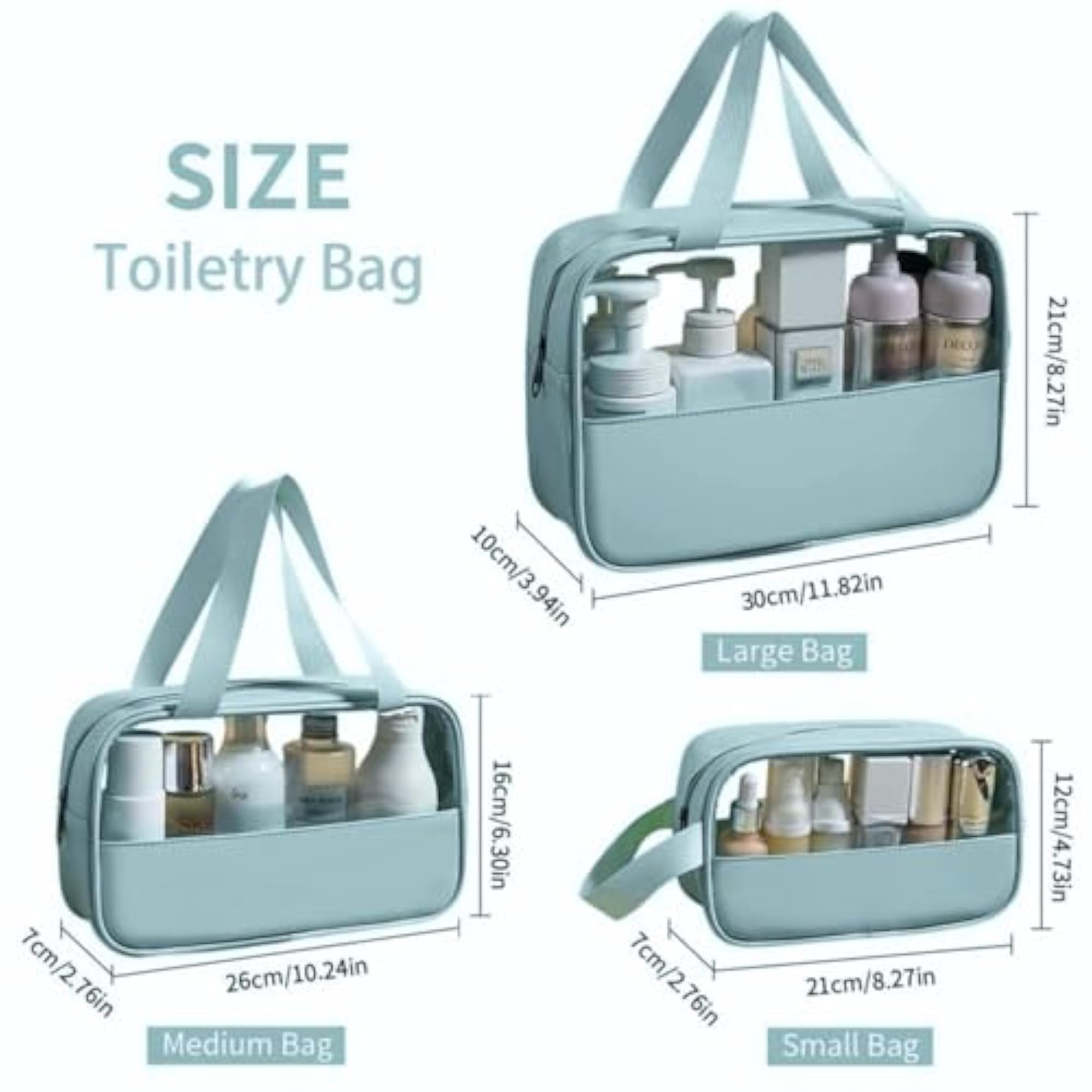 Clear Toiletry Bag Set Light Blue, 3 Piece Travel Organizer