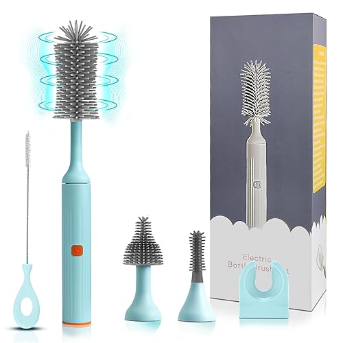 Image of Augensterm Electric Cleaning Brush with USB Rechargeable Electric Bottle Brush Cleaner and 3 Replaceable Silicone Bottle Brushes and Straw Cleaner Brush,Perfect Baby Gifts and Kitchen Brushes(Blue)