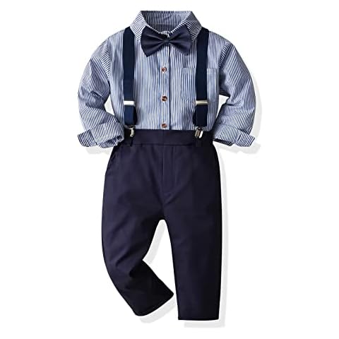 puseky Boys Gentleman Outfits Striped Shirt with Bow Tie Suspender Pants Dressy Outfits Cover