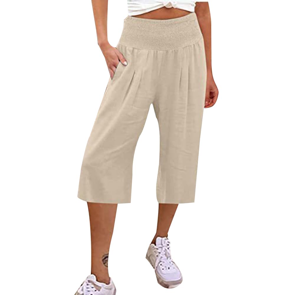 Womens Pants Below Knee Casual Summer Loose Fit Mid-Length Trousers Elastic High Waist Short Pants with Pockets
