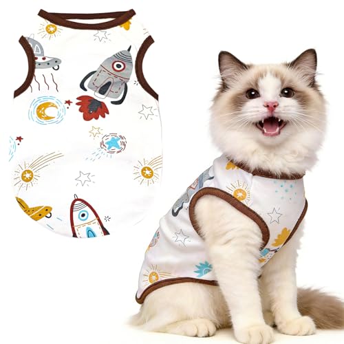 PETCARE Cute Cartoon Cat Shirts for Cats Only Soft Cotton Tshirts Brown Spaceship Cat Clothes for Cats Only Female Male Small Breeds Pet Pajamas Sleeveless Pet Tank Top Spring Summer Kitten Clothes