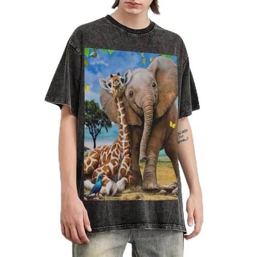 T-shirt éléphant et girafe en coton délavé premium style vintage ample