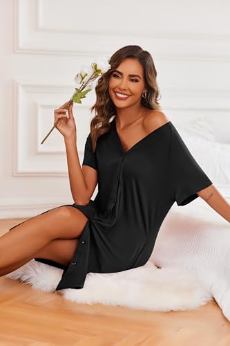 Ekouaer 3 Pack Women's Nightshirt Button Down Nightgown Short Sleeve Sleepshirt V Neck Pajama Dress with Pockets3