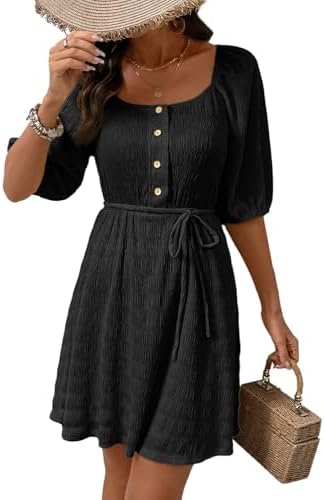 Dokotoo Women Summer Dresses 2026 Square Neck Tie Waist Button Short Sleeve Pleated Ruffle Causal Dresses