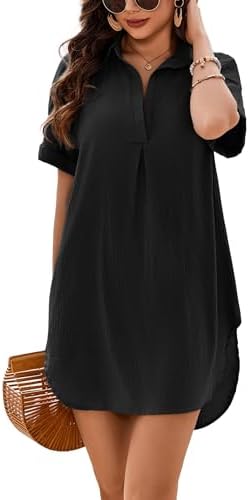 AI'MAGE Women's Swimsuit Coverup V Neck Bathing Suit Cover Up Shirt Short Sleeves Beach Bikini Swimwear Dress S-3XL