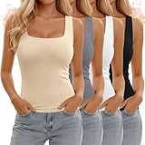 Yearntown 4 Pack Women's Thermal Fleece Sleeveless Tank Tops, Square Neck Slim Fit Camisole Warm Base Layer Underwear Vest(Cream, Light Mixed Gray, White, Black,Medium)
