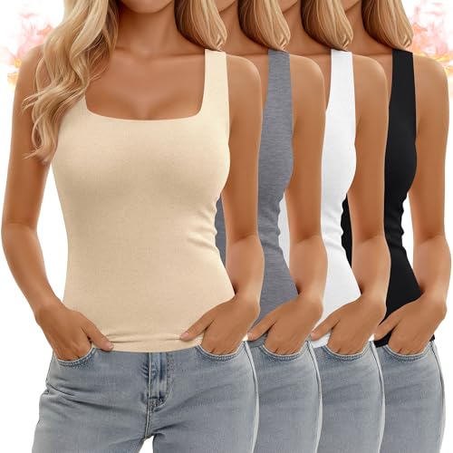 Yearntown 4 Pack Women's Thermal Fleece Sleeveless Tank Tops, Square Neck Slim Fit Camisole Warm Base Layer Underwear Vest(Cream, Light Mixed Gray, White, Black,Medium)
