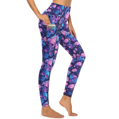 Pantalon de yoga imprimé crâne bleu et rose pour séances de fitness et run