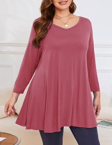 Image of LARACE Tunics 3 /4 Sleeve Plus Size Tops for Women V Neck Loose Fit Flowy Clothing for Leggings