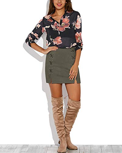 Image of MANGOPOP Women's Classic High Waist Lace Up Bodycon Faux Suede A Line Mini Pencil Skirt (Army Green, Large)