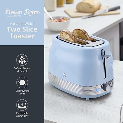 Swan ST19028BLU Retro 2 Slice Toaster with 6 Browning Levels for Toast, Bagels, Breakfast Muffins, Defrost/Reheat/Cancel, Hidden Cord Storage, Non-Slip Feet, 930W, Blue and Stainless Steel - Image 3
