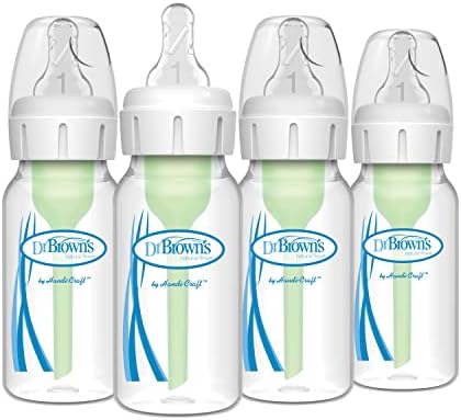 Dr. Brown's Natural Flow Anti-Colic Options+ Narrow Baby Bottle, 4 oz/120 mL, with Level 1 Slow Flow Nipple, 0m+, 4 Pack