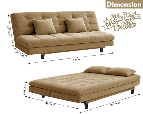 Image of Rosebell Modern Three-Seater Sofa Cum Bed Foldable Velevt Fabric Sofa, Seating, Stylish Design for Living Room, Guest Room & Office-Golden-Color