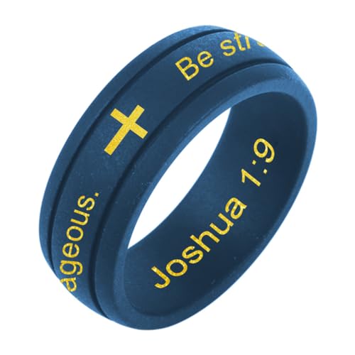 Christian Cross Silicone Ring Bible Verse Rubber Ring Custom Engraved Religious Jewelry Navy Blue Gold Text Double Groove Wedding Band Size 8 to 12