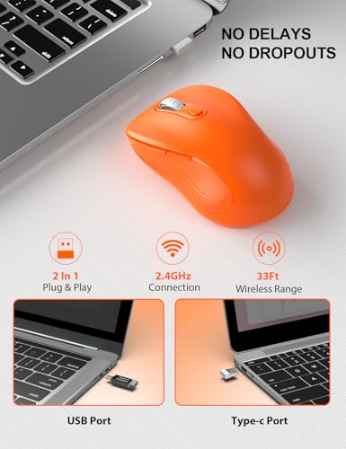 Image of Trueque Wireless Mouse for Laptop, Ergonomic 6-Button Mouse, Orange | 2.4GHz USB receiver, back /forward buttons, 3 adjustable DPI levels, silent clicks, USB-C adapter, Windows /Mac /Chrome OS /Linux