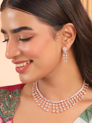 Image of Yellow Chimes Jewellery Set for Women and Girls American Diamond Jewellery Set | Rosegold Rhodium Plated AD Necklace Set for Women | Birthday Gift for Girls & Women