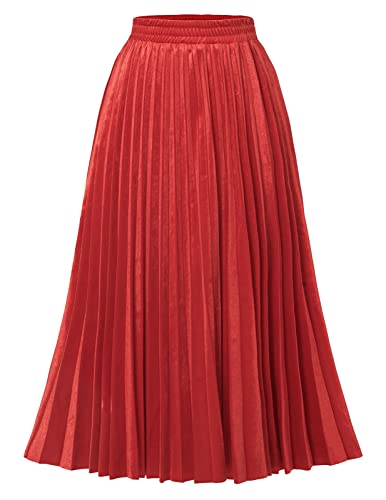 DRESSTELLS Red Velvet Pleated Midi Skirts for Women, Fall Winter Long Holiday Party High Waisted Aline Casual Swing Skirt with Lining Velvet Red M