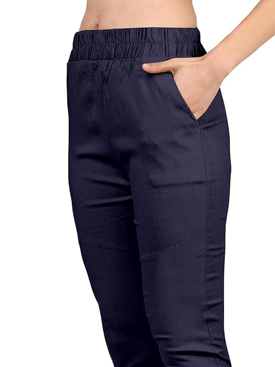 Women's Ankle Length Elastic Waist Cotton Pants, 4 Way Stretchable Slim Fit Casual Pant4