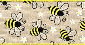 Bumblebee on Natural Burlap 2.5" Wide Wired Ribbon 25 Yards Morex