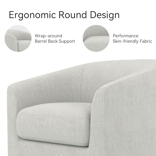 Image of Swivel Accent Chair, Upholstered Modern Barrel-Curved Armchair, Linen Fabric Comfty Sofa Reading Chair with Solid Wood Base for Bedroom, Living Room, Club, Ivory