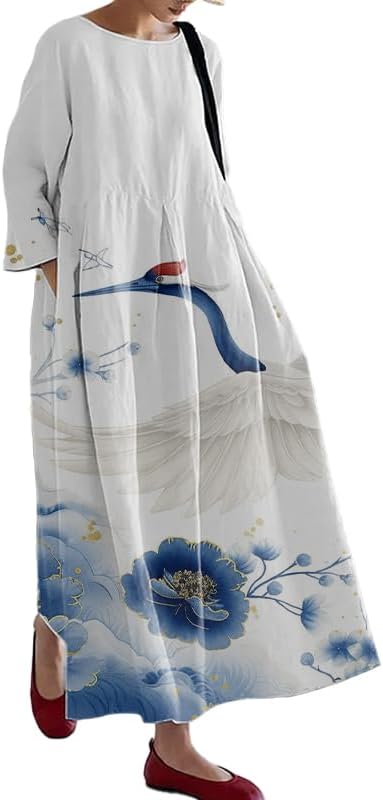 Womens Plus Size Dress Casual Chinese Art Painting Japanese Style Crew Neck Trendy Summer Dress