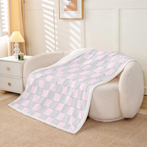 Image of Erosebridal Initial Letter E Fuzzy Plush Throw Pink and White Checkered Fleece Blanket Cute Monogram Plaid Sherpa Blanket for Kids Girls Women,Kawaii Gingham Grids Decor for Bed Couch Queen 90 inchx90 inch