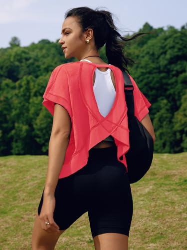 Image of SENSERISE Womens Open Back Workout Tops Backless Short Sleeve Athletic Shirt Running Crop Top Gym Yoga Tee